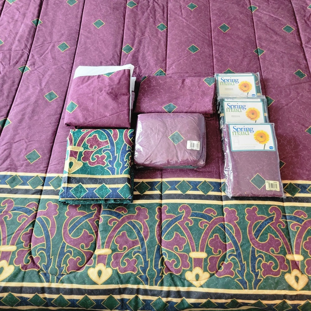 VTG Springmaid Amalfi Burgundy Bedding Curtain Shower Set Full VTG 1990s Retro